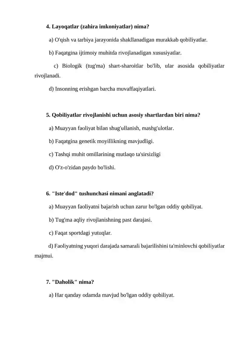 Qobiliyat va uning rivojlanishi (TEST) 2