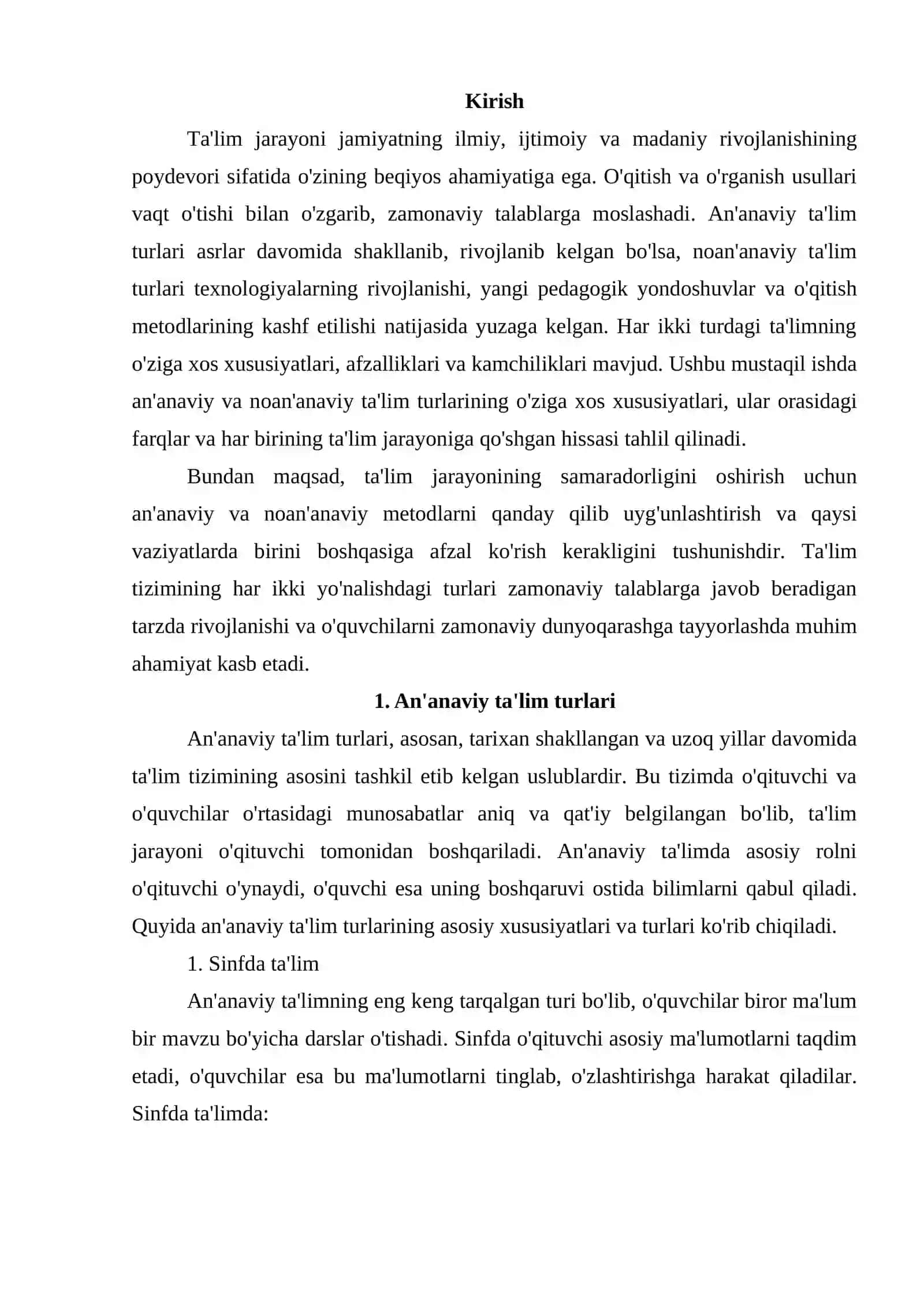 Talim jarayonini tashkil etishga ananaviy va noanʼanaviy taʼlim turlari va ularning oziga xos xususiyatlari 2