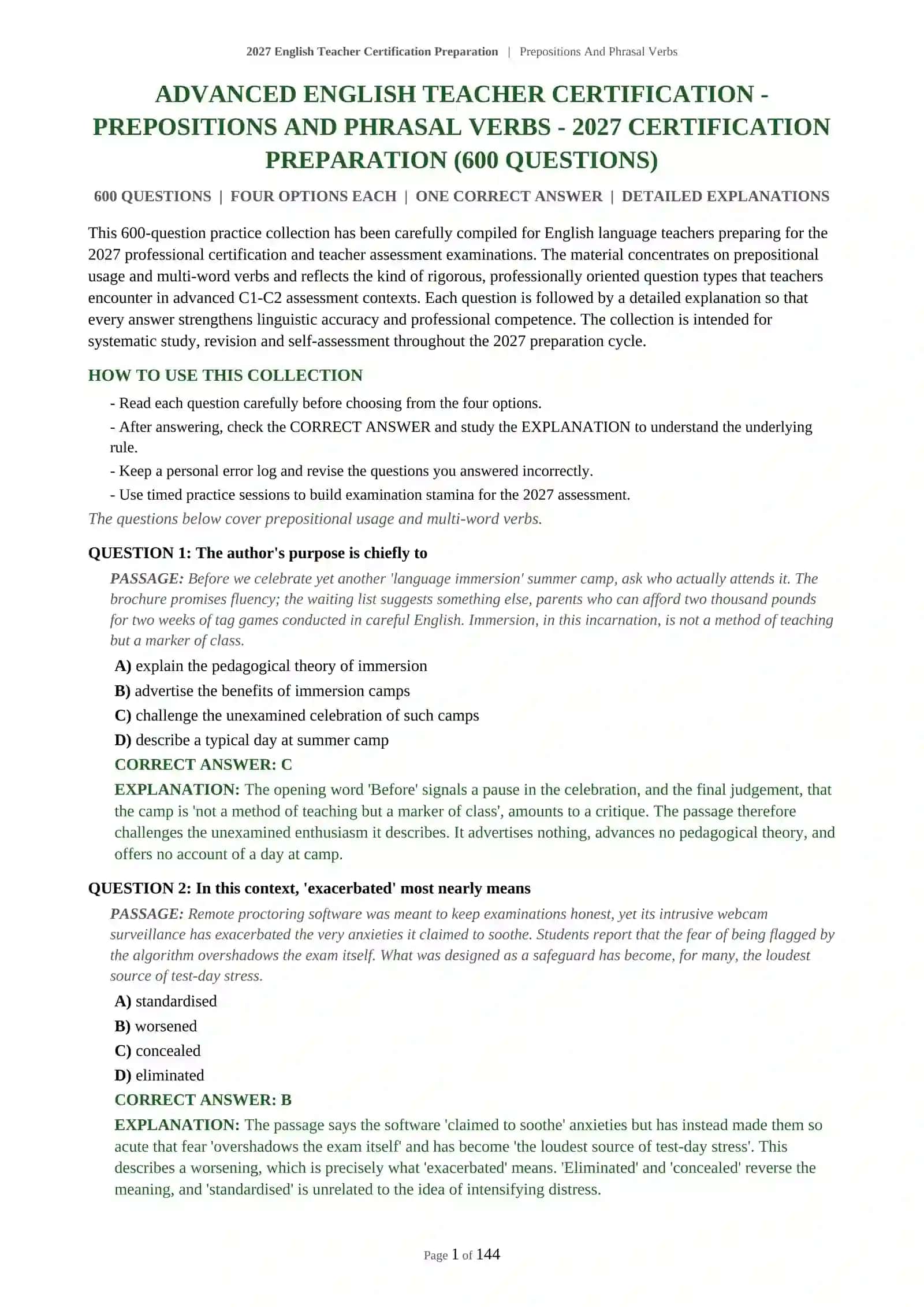 2027 English Teacher Certification Preparation | Prepositions And Phrasal Verbs 2