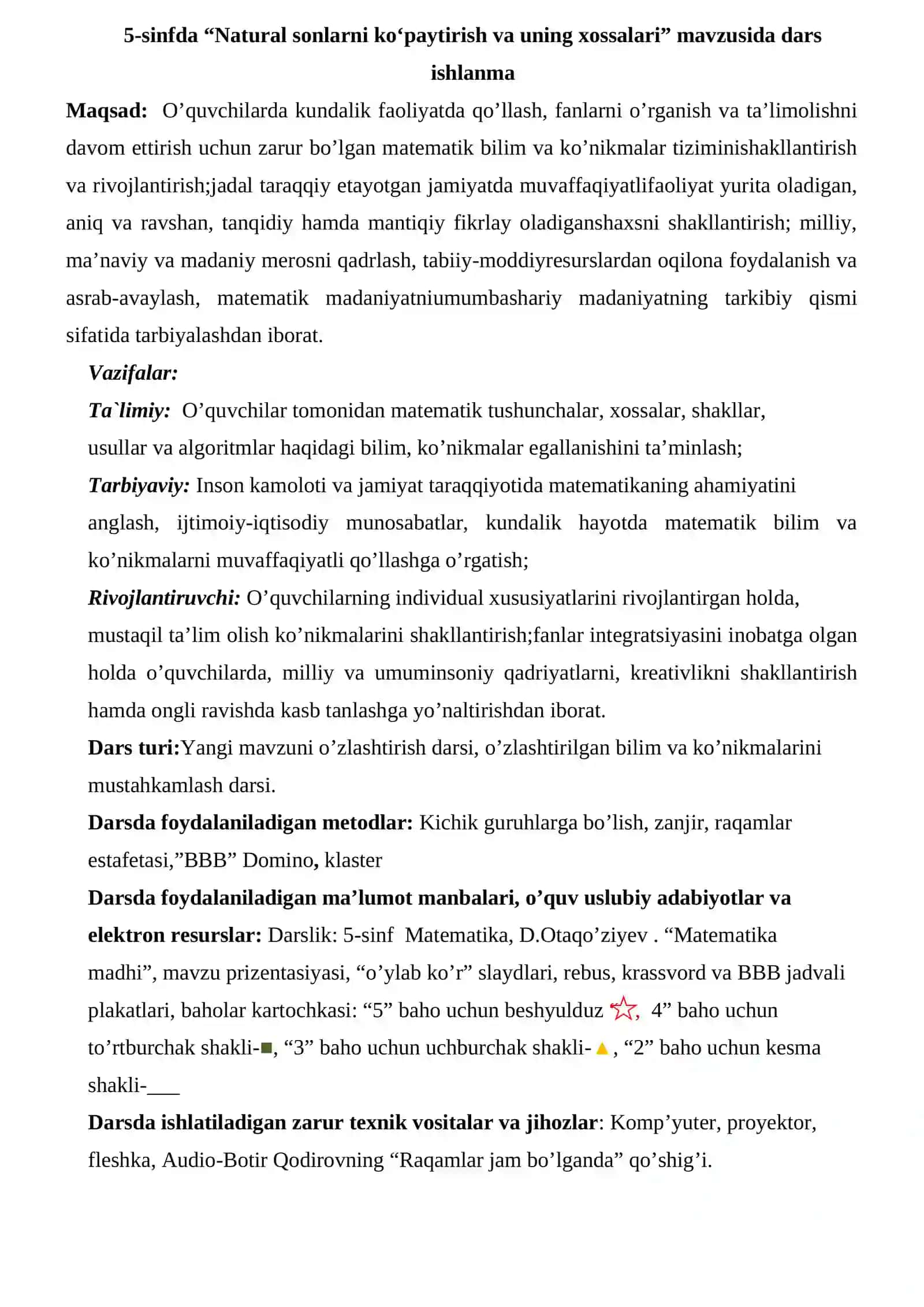 5-sinf Matematika fanidan dars ishlanma. Natural sonlarni ko'paytirish va uning xossalari 2