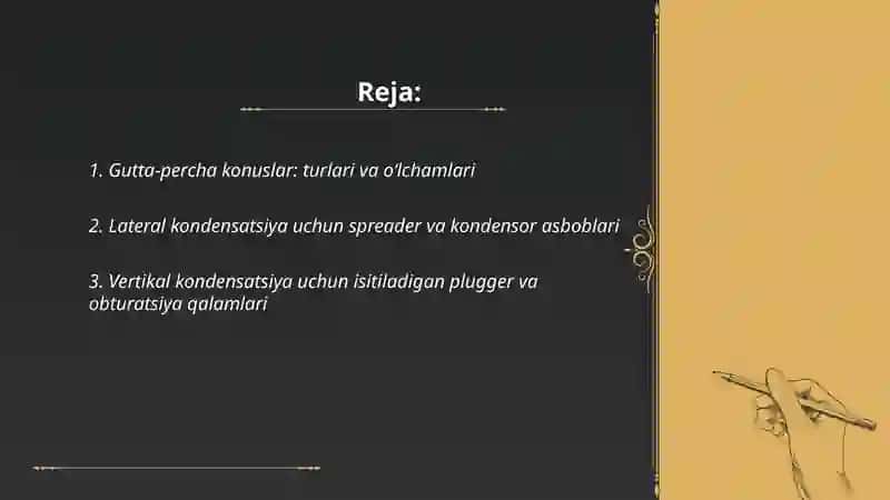 Ildiz kanallarini plombalshda qòllaniladigan asboblar.Ildiz kanallarini plombalashda ishlatiladigan qotmaydigam va qotadigan pastalar. 2