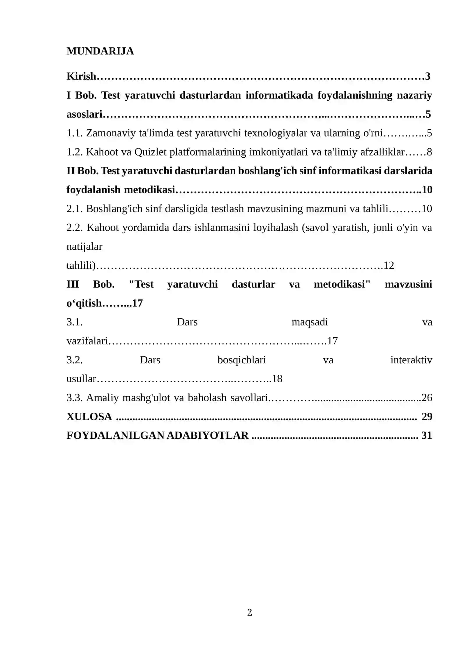 Test yaratuvchi dasturlar va ulardan foydalanish metodikasi kurs ishi 2