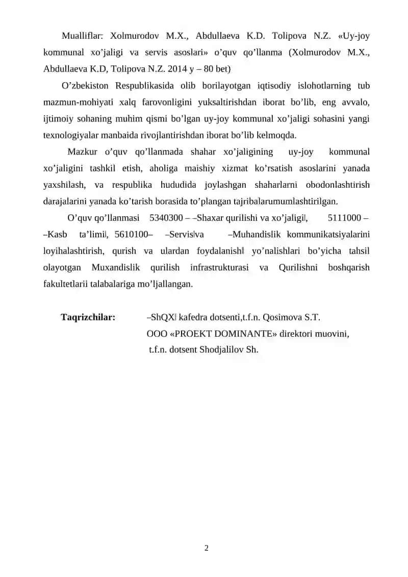 Uy-joy kommunal xo’jaligi va servis asoslari 2