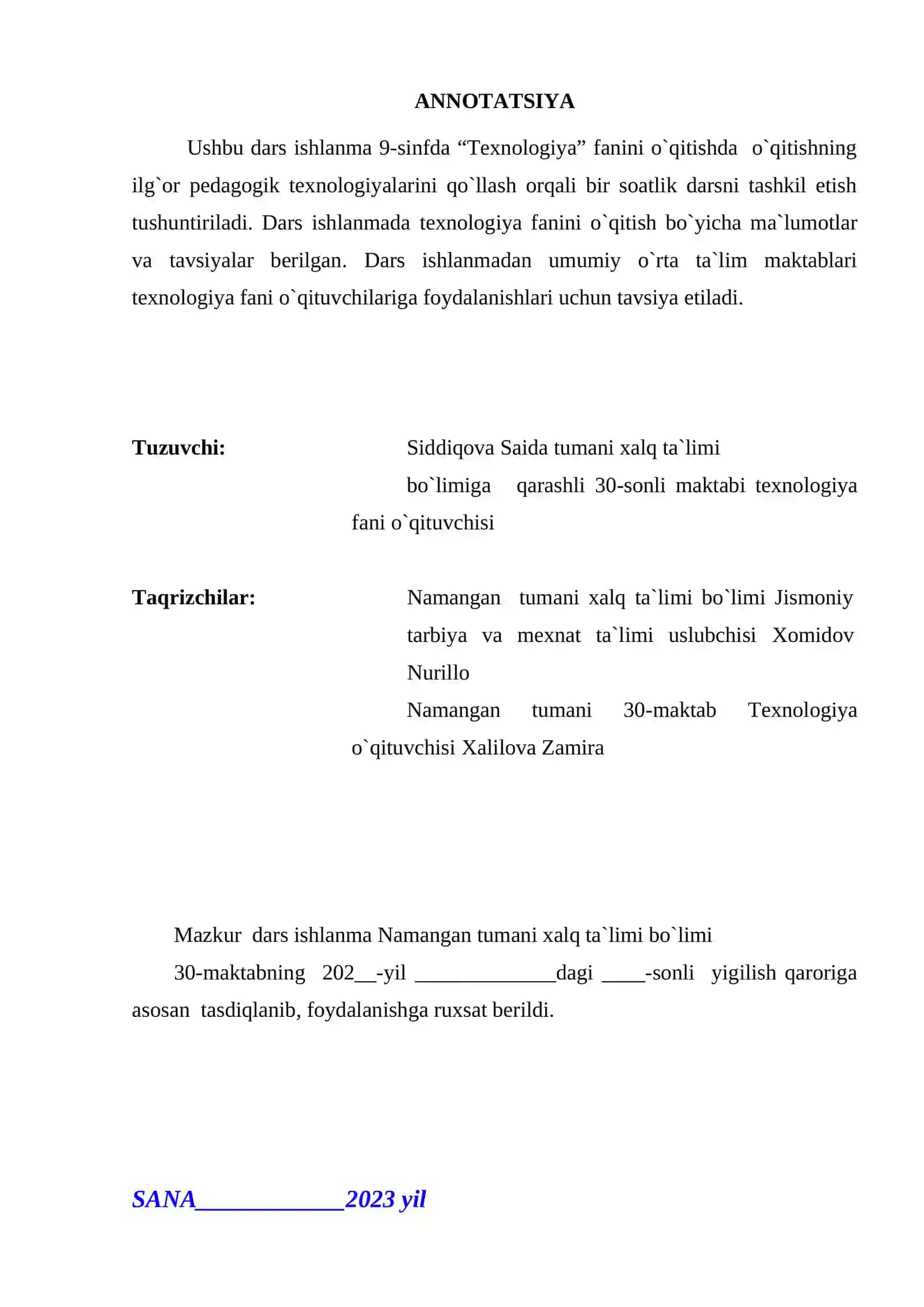 9-sinf Texnologiya fanidan Kasb tanlashda mening kelgusi rejalarim mavzusida ochiq dars ishlanma 2
