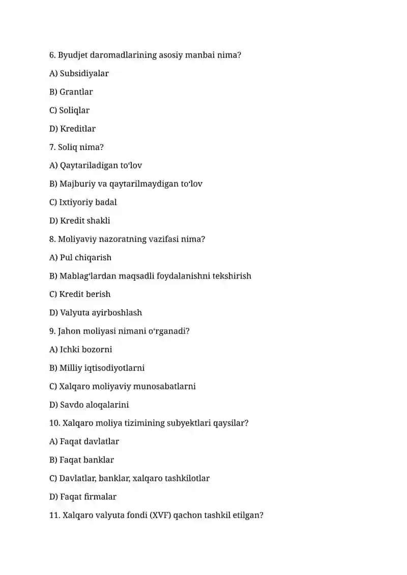 MOLIYA VA JAHON MOLIYASI FANIDAN TESTLAR (50 ta) 2