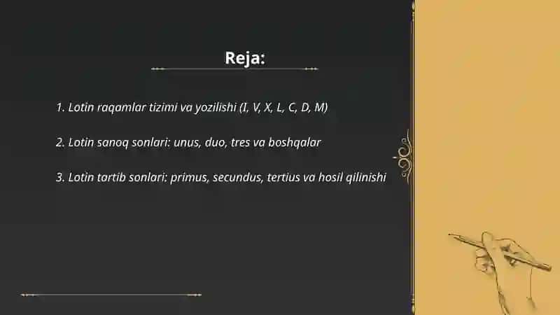 Lotin sonlari. Tartib va sanoq sonlar. Lotin va grek son old qoʻshimchalari 2
