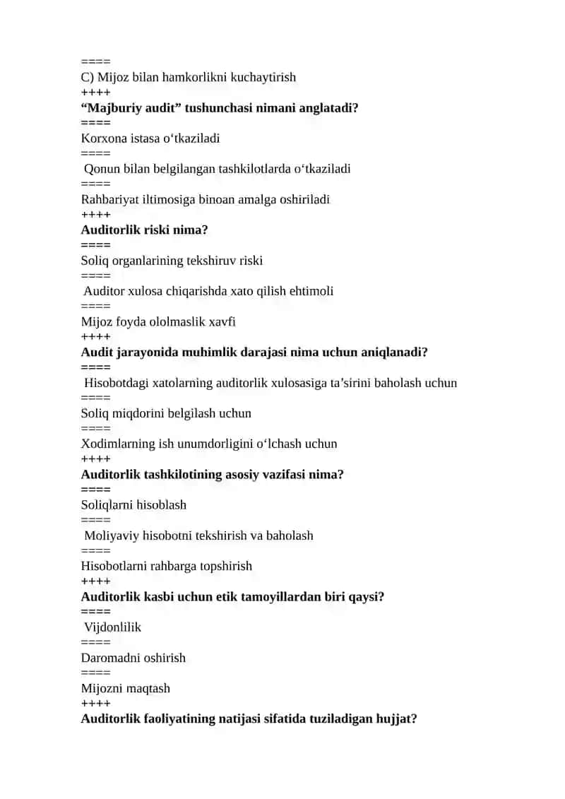 Audit bo'yicha test savollari 2