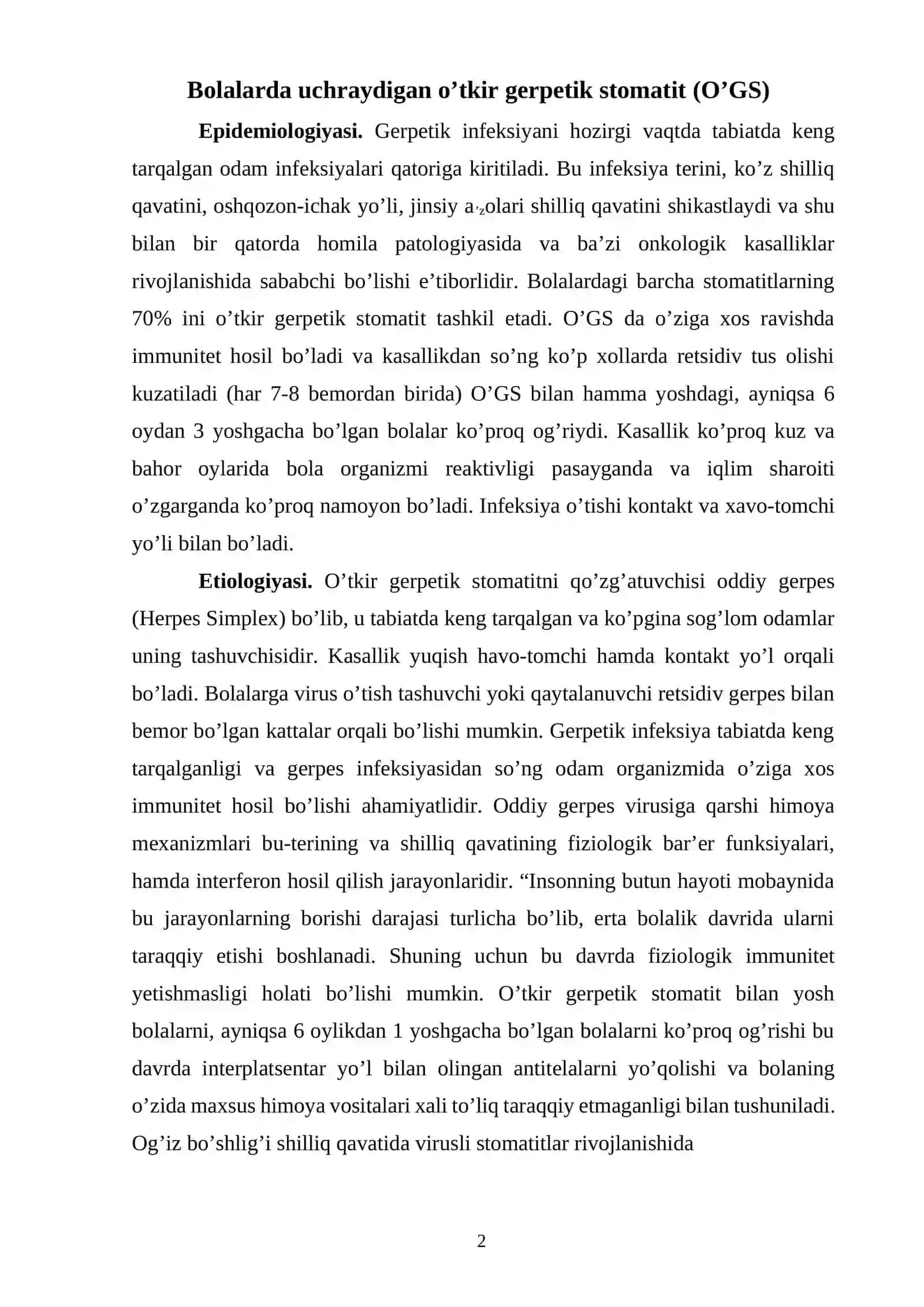 Bolalarda uchraydigan o’tkir gerpetik stomatit (O’GS) 2