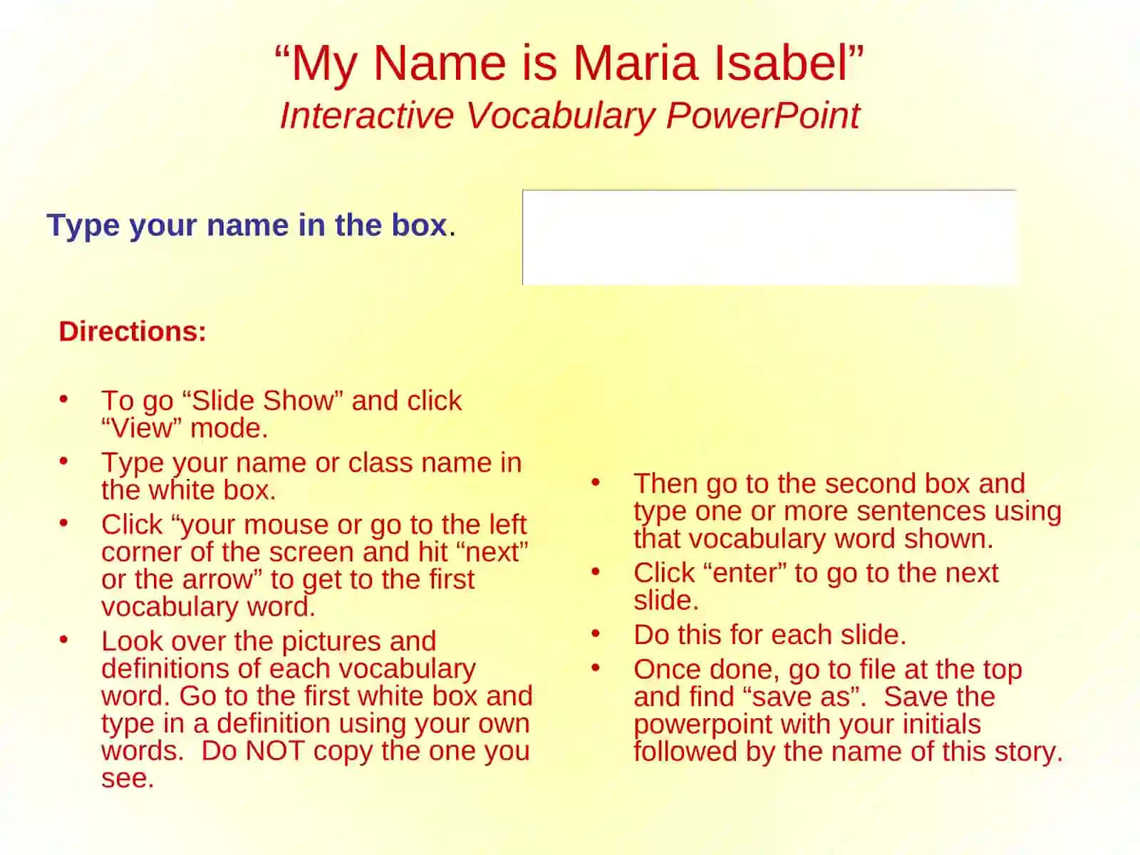 "My Name is Maria Isabel" Interactive Vocabulary PowerPoint 2