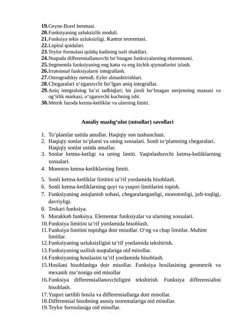 MATEMATIK ANALIZ fanidan oraliq va yakuniy nazorat savollari 2