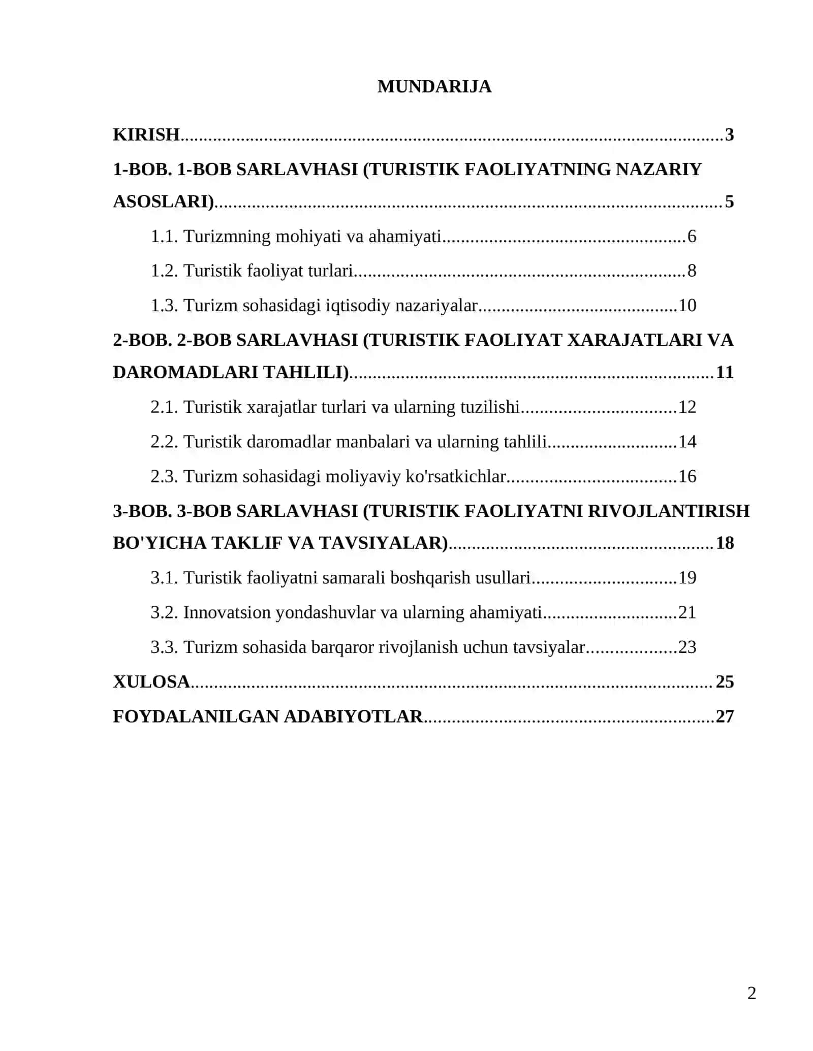 TURISTIK FAOLIYAT XARAJATLARI VA DAROMADLARI 2
