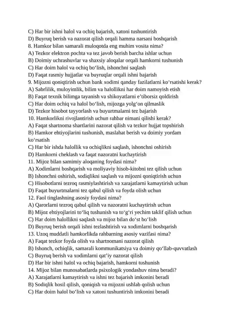 Mijozlar va hamkorlar bilan munosabatlar – Test 2