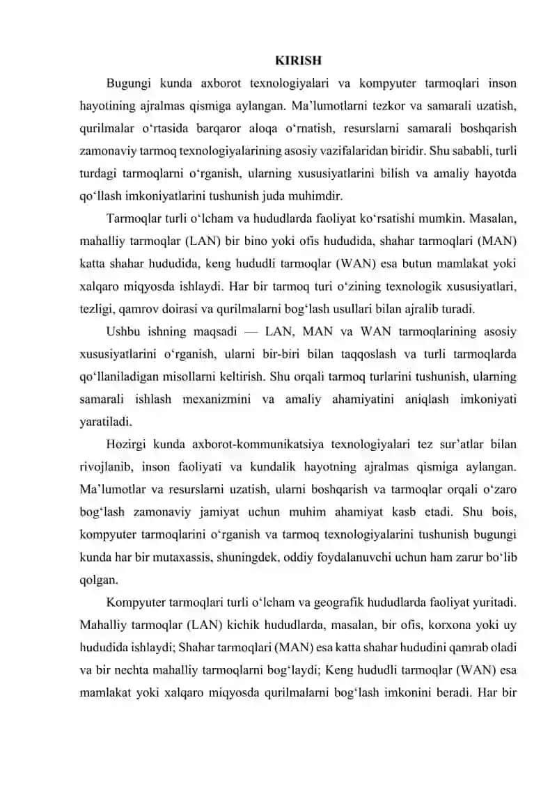 TARMOQ TURLARI LAN, MAN, WAN  XUSUSIYATLARI VA MISOLLAR 2