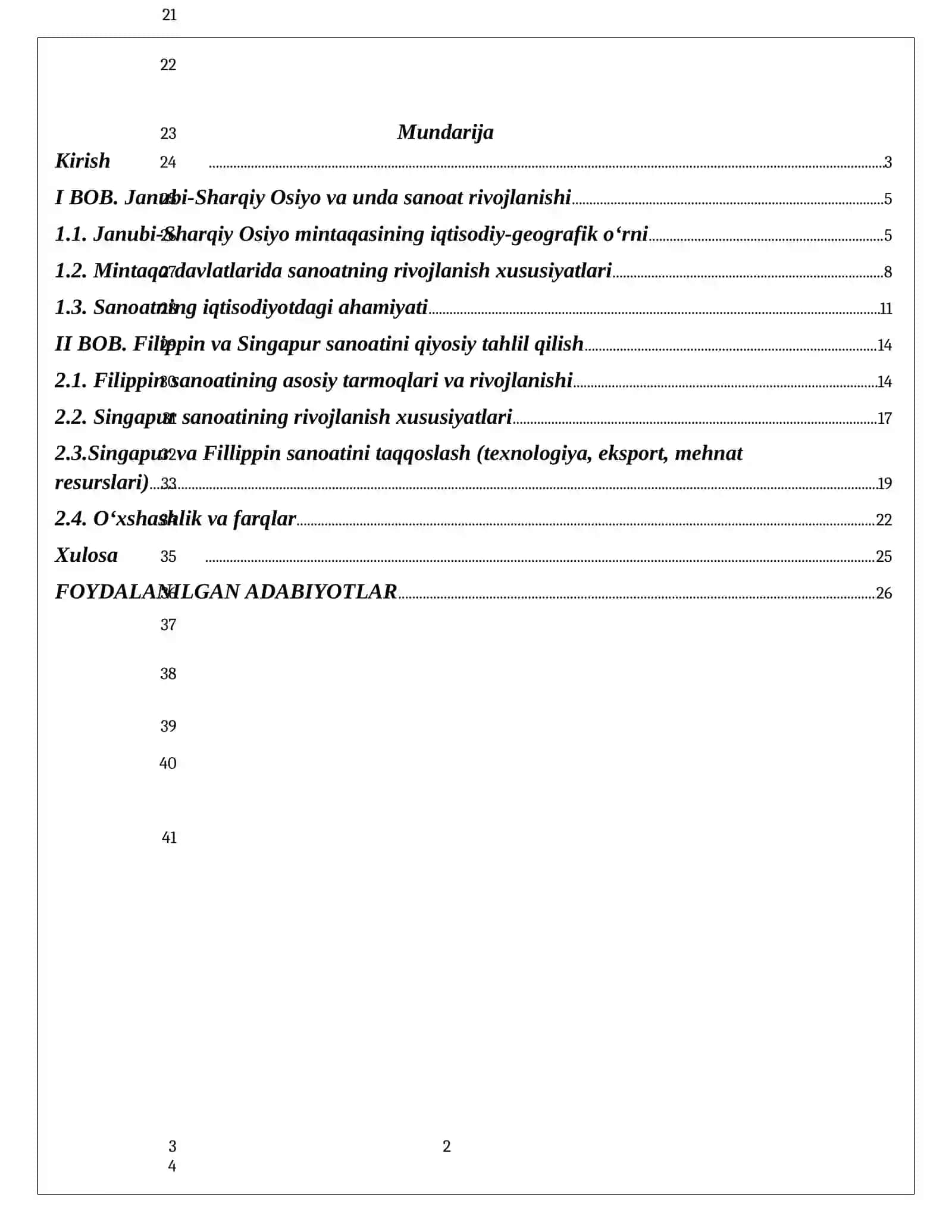 Geografiya va Agranomiya fakulteti Geografiya yoʻnalishi 4 kurs 022-12 guruh talabasi Sidiqova Sabrinaning Jahon geografiyasi fanidan: Janubiv Sharqiv Osiyo mamakatlaridan Filippin va Singapur davlatlari sanoatiga qiyosiy tavsif mavzusida tayyorlagan kurs ishi 2