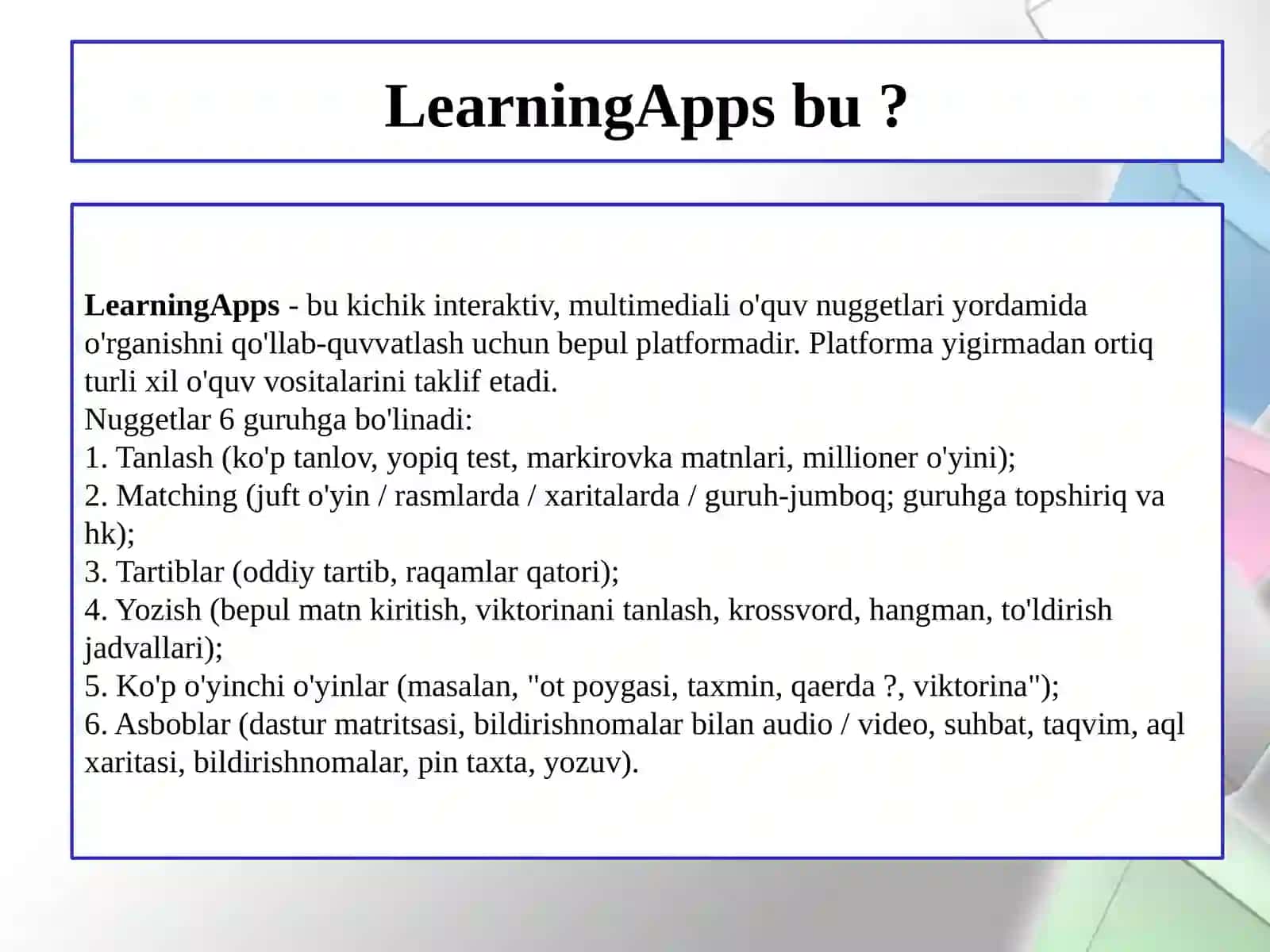 LearningApps interaktive mashqlari: ishlab chiqish va nashr qilish 2