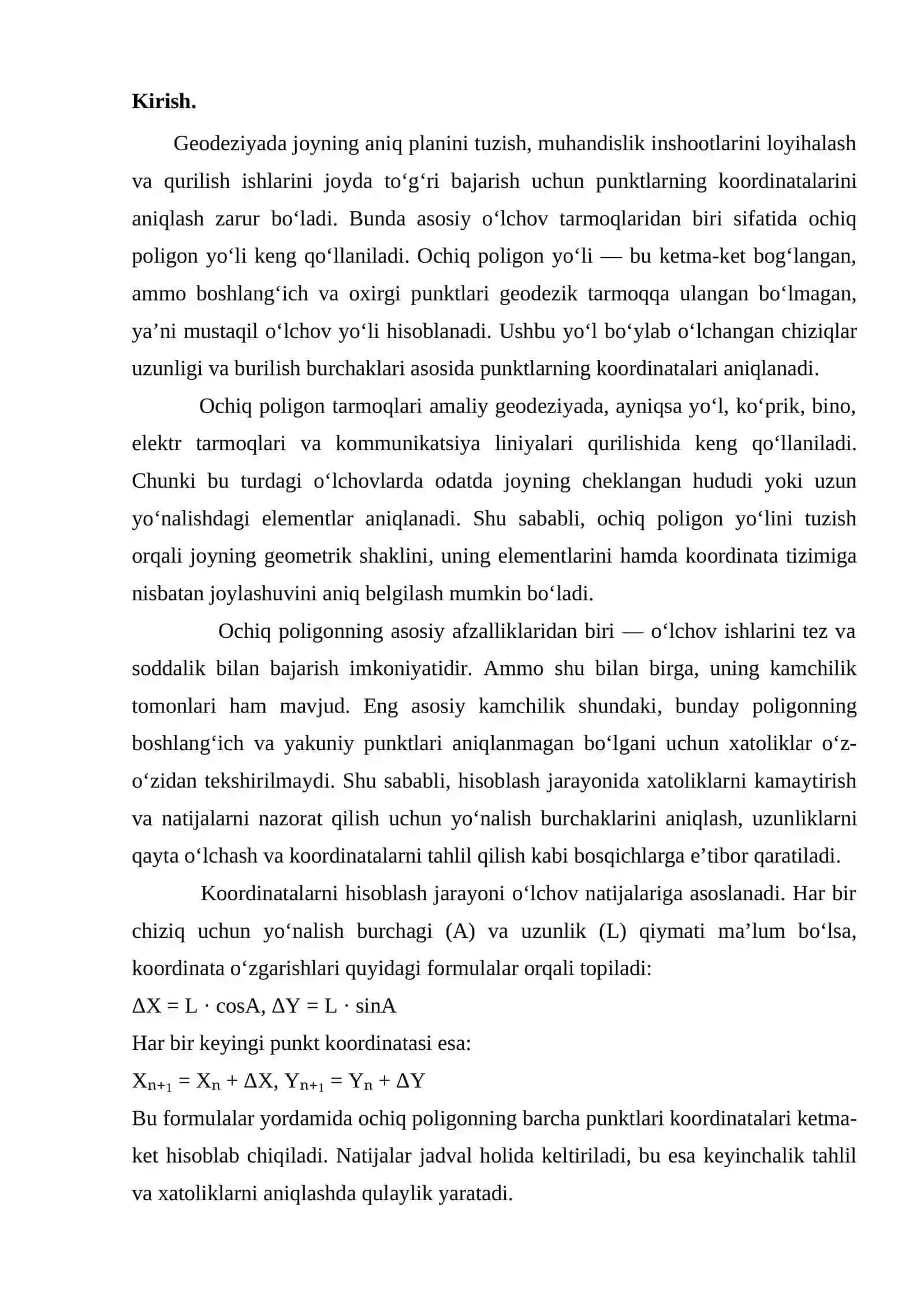 Ochiq poligon punktlarining koordinalarini hisoblash va jadval holiga keltirish 2