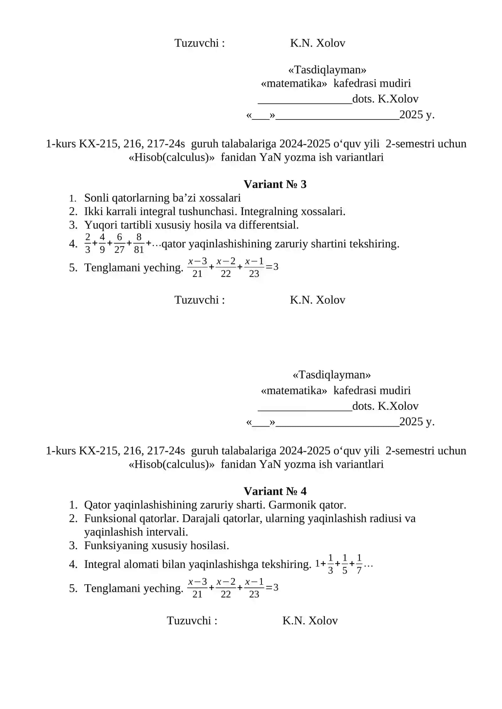 Hisob(calculus) fanidan YaN yozma ish variantlari 2