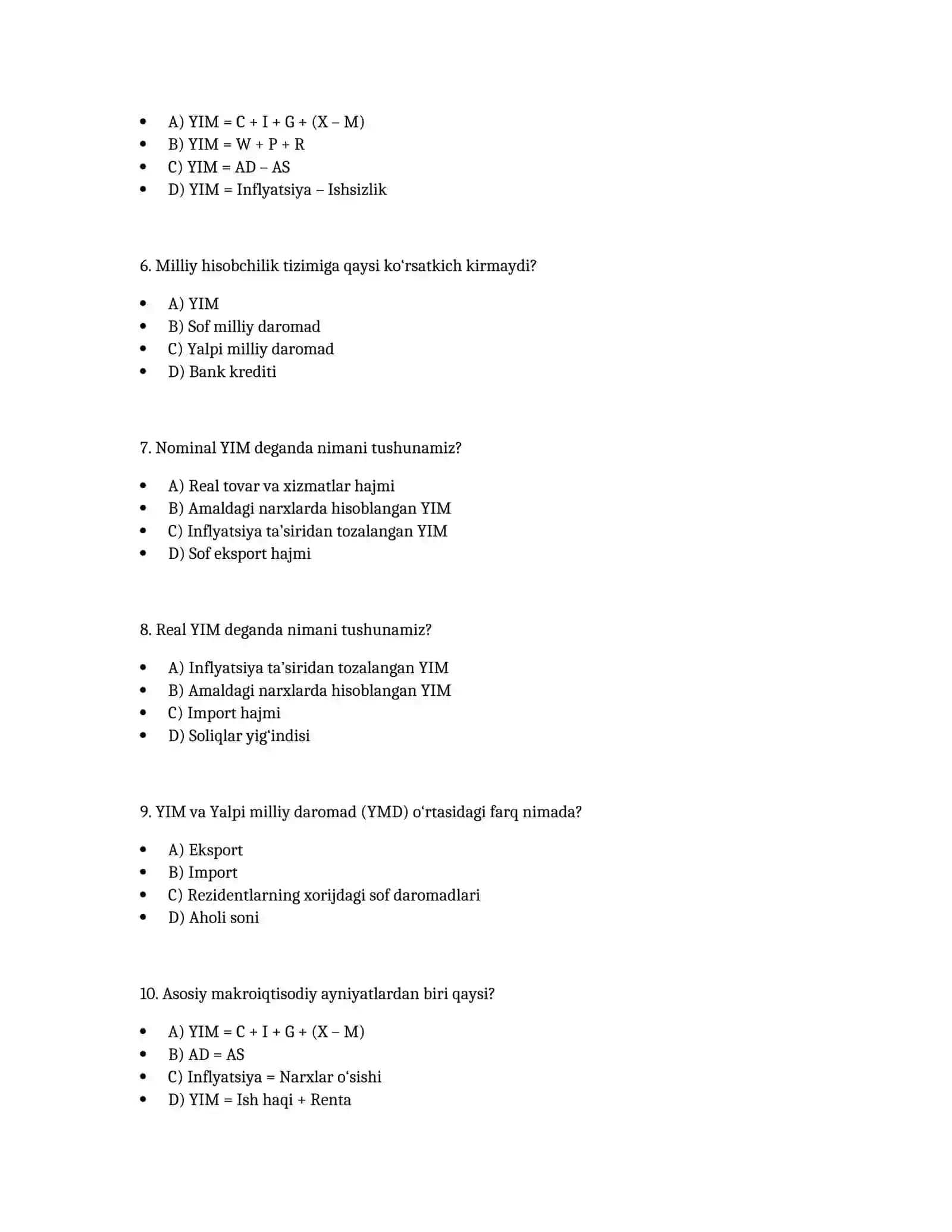 Makroiqtisodiyot – 2-mavzu: Testlar (30 ta) 2