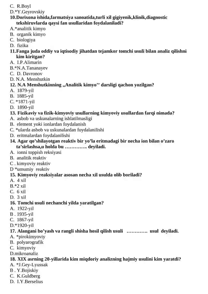 Kimyo fanidan test savollari 2