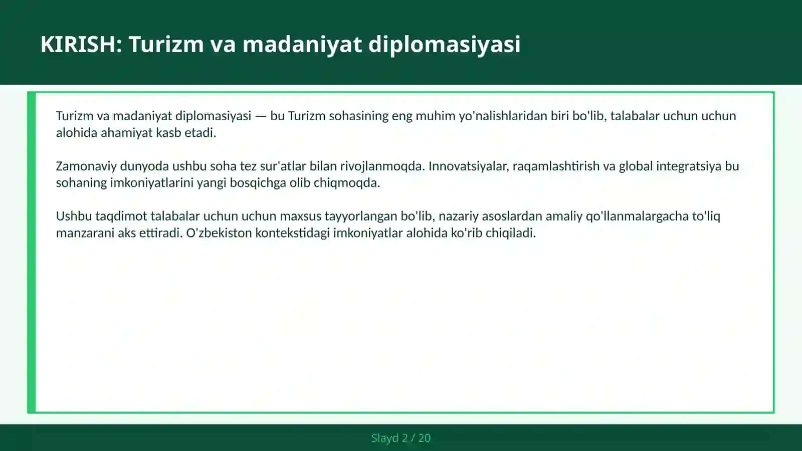 Turizm va Madaniyat Diplomasiyasi 2