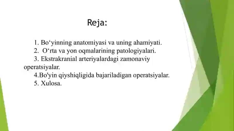 Bo'yinning o'rta, yon oqmalari va kistalarini kesib olish. Ekstrakranial arteriyalardagi zamonaviy operatsiyalar. Bo'yin qiyshiqligida bajariladigan operatsiyalar. 2