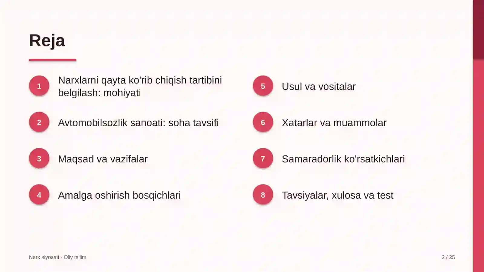 Avtomobilsozlik sanoatida narxlarni qayta ko'rib chiqish tartibini belgilash 2