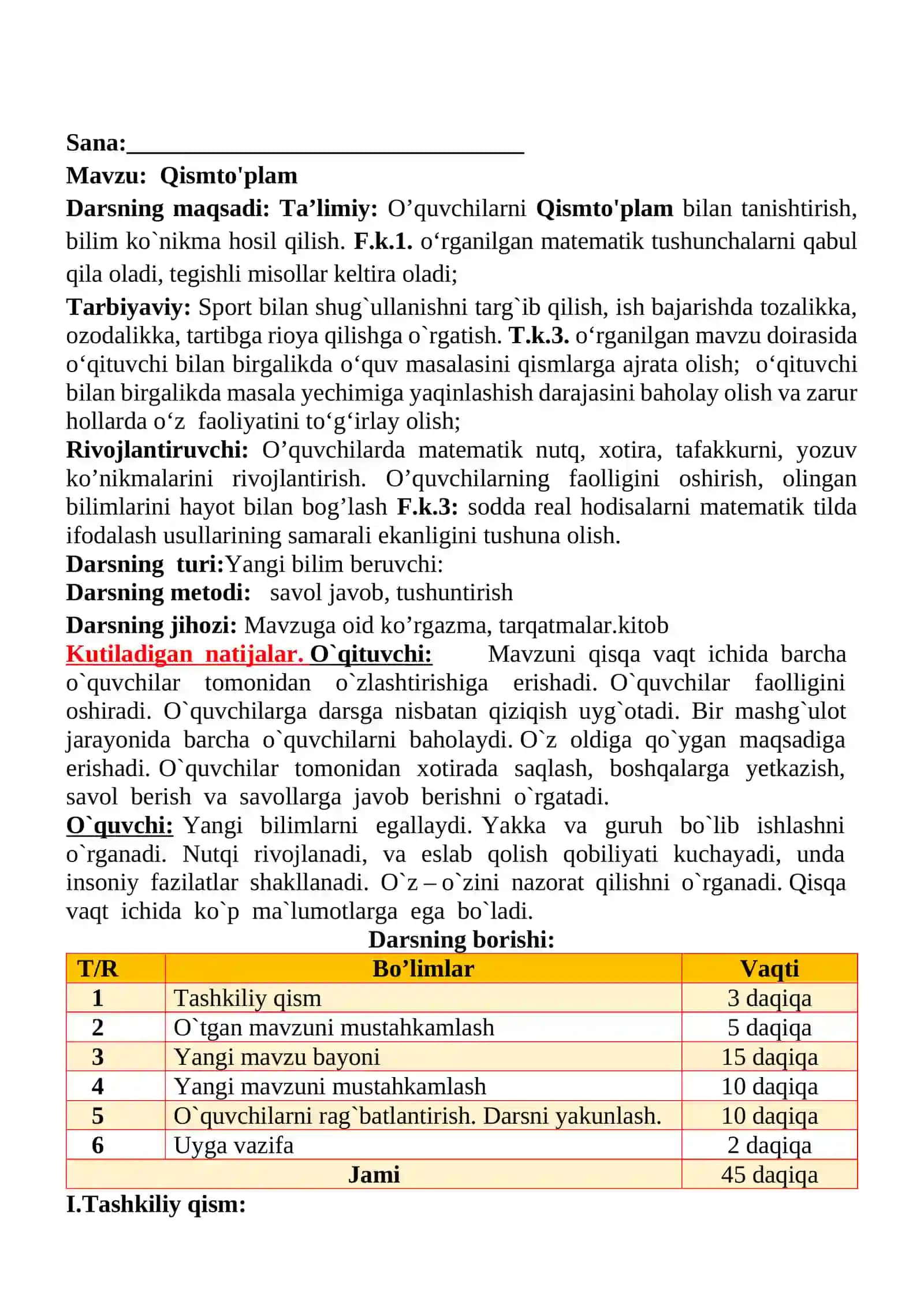 Qismto'plam mavzusida 3-sinf Matematika fanidan dars ishlanmasi 2