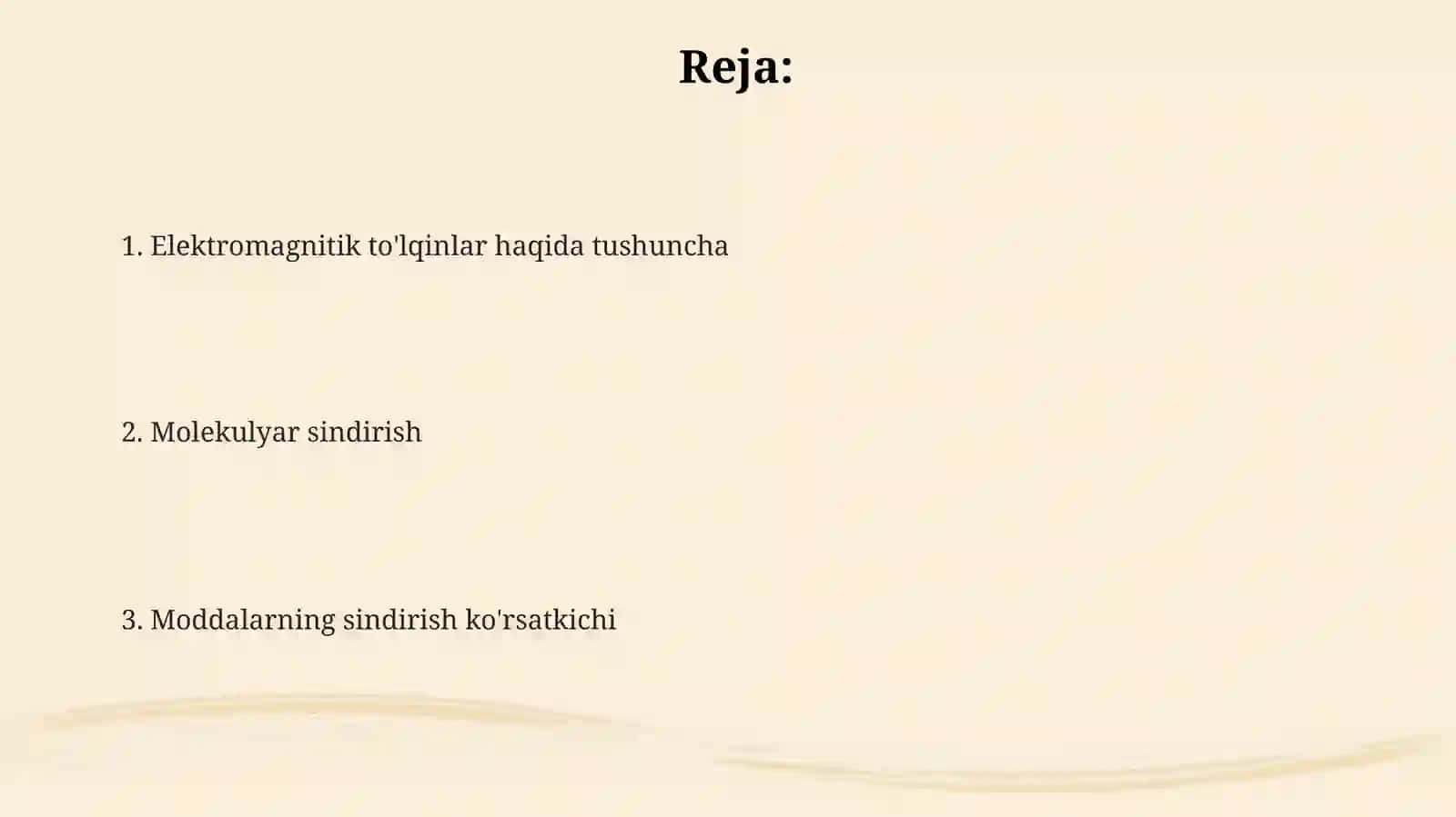Moddalarning sindirish kòrsatkichi va molekular refraksiya. Elektromagnit tòlqinlar haqida tushuncha 2