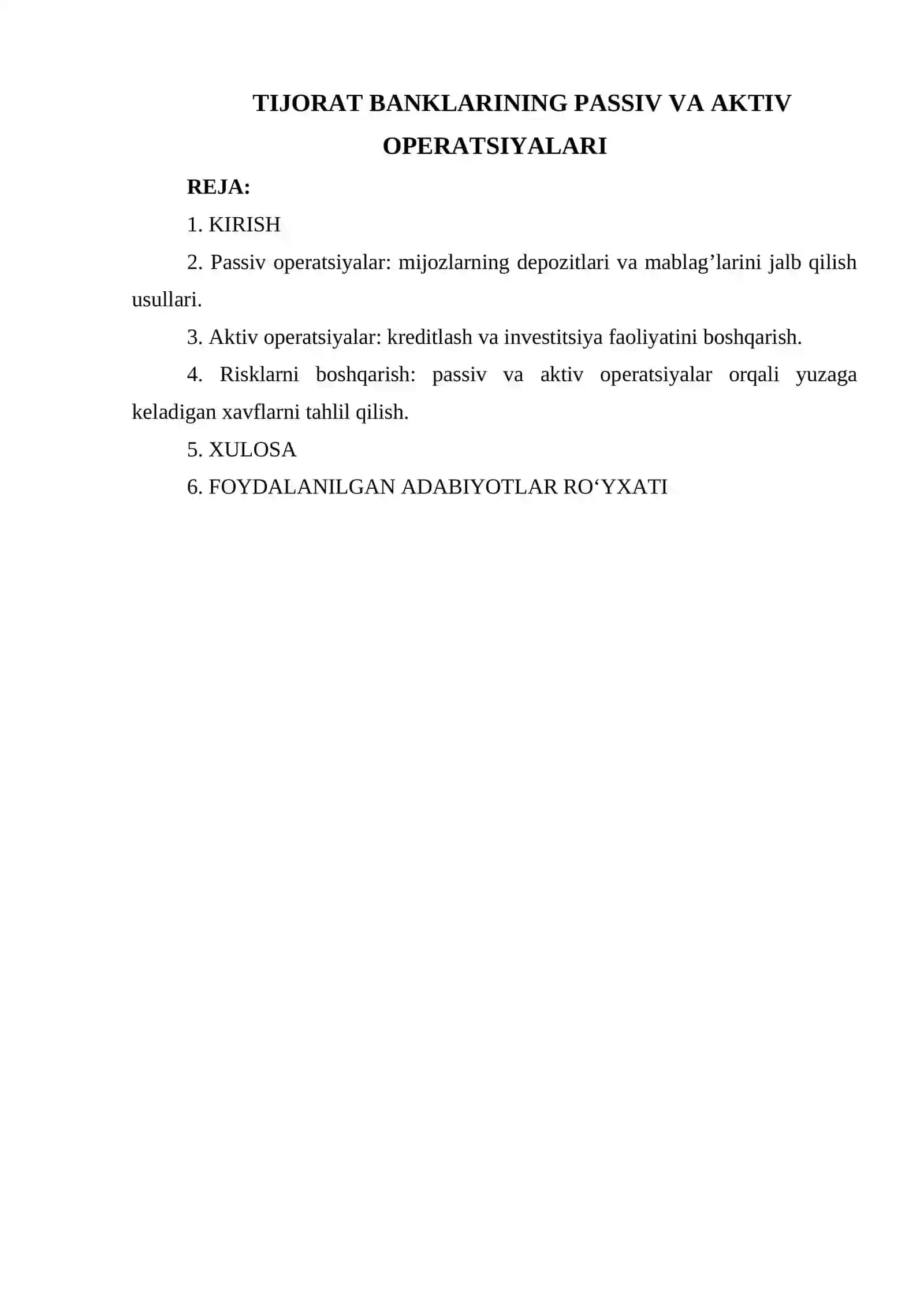 TIJORAT BANKLARINING PASSIV VA AKTIV OPERATSIYALARI 2