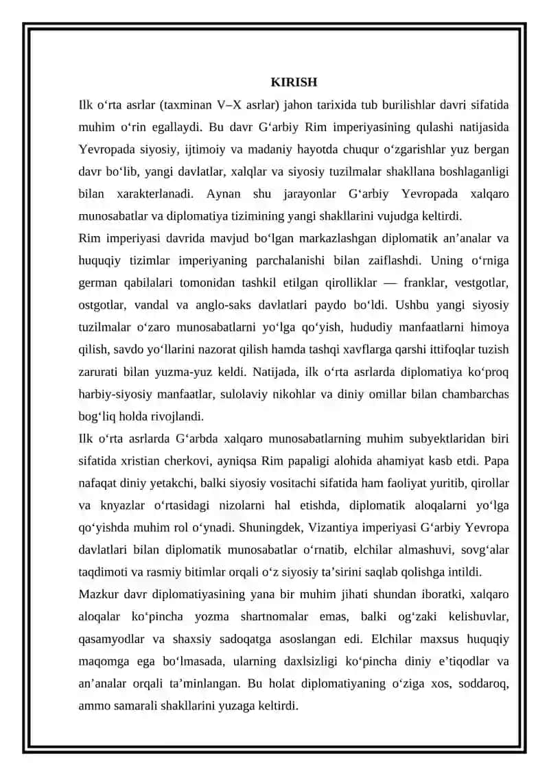 Ilk o‘rta asrlarda G‘arbda xalqaro munosabatlar va diplomatiya 2