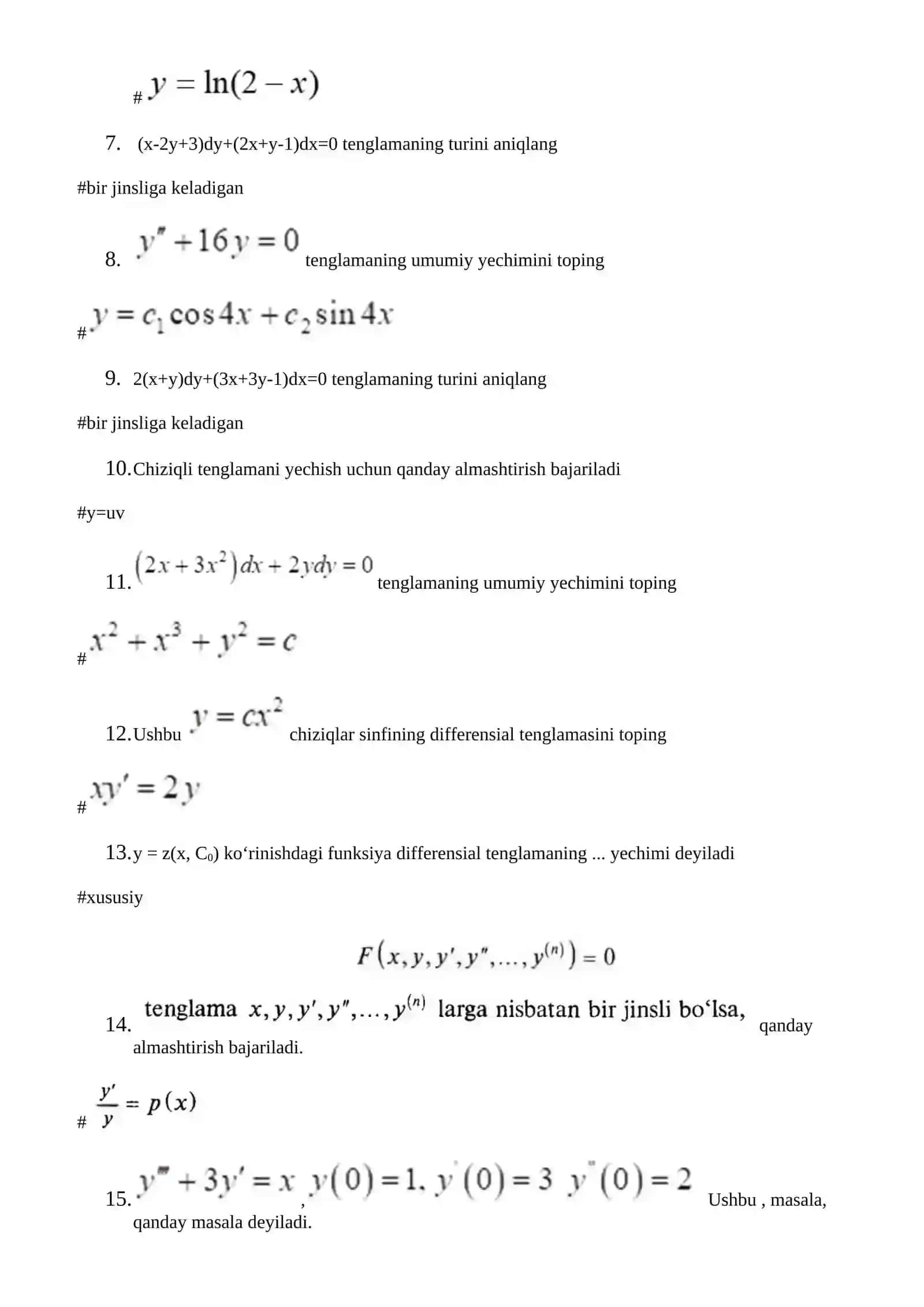 y'-y/x=x+1 tenglamaning turini aniqlang 2