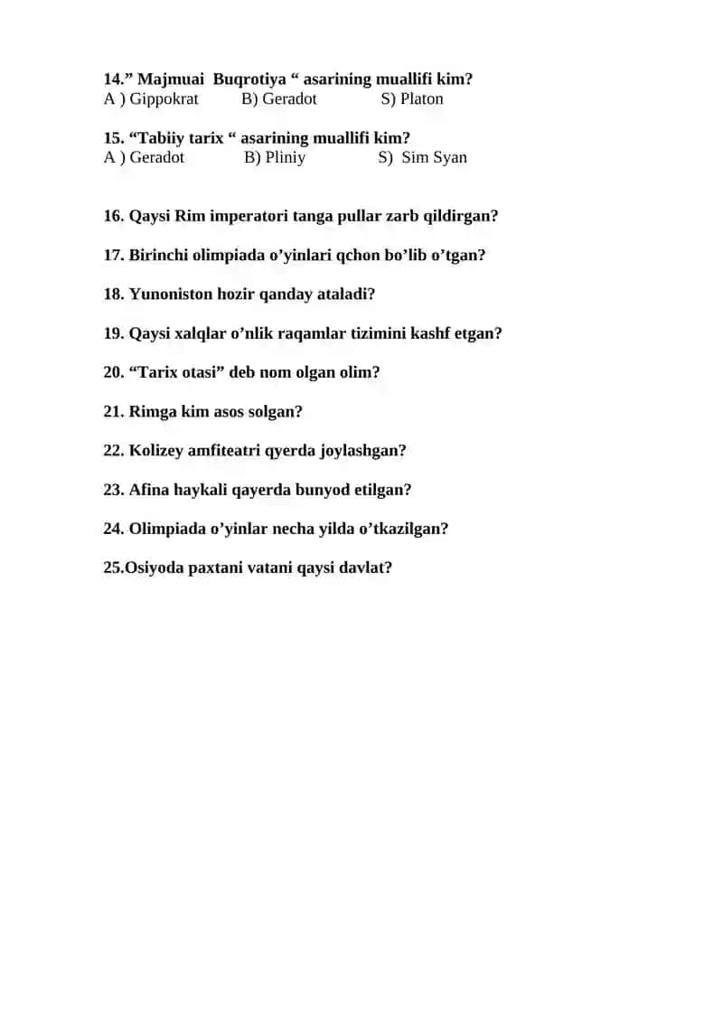 5 sinf uchun tarix fanidan testlar (I chorak) 2