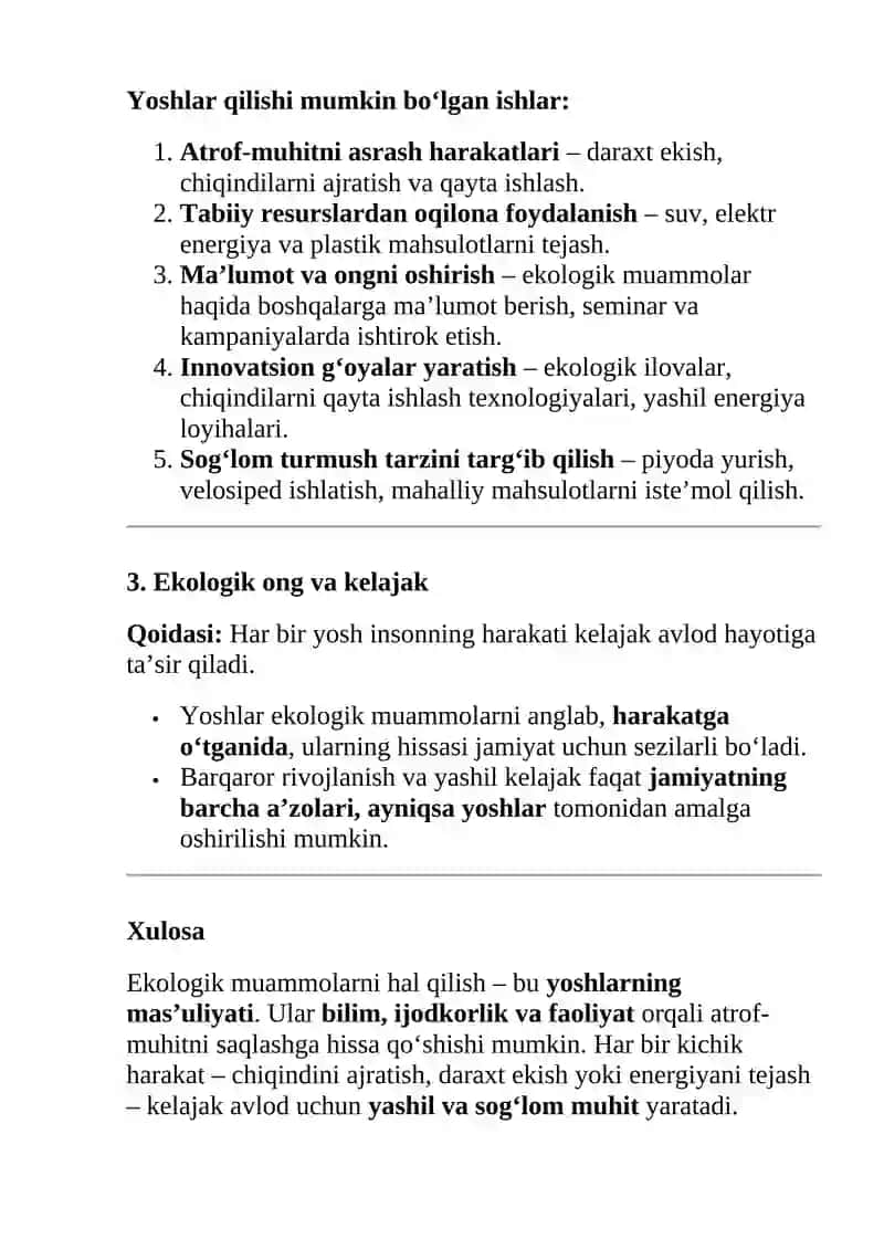 Ekologik Muammolar va Yoshlar Mas’uliyati 2