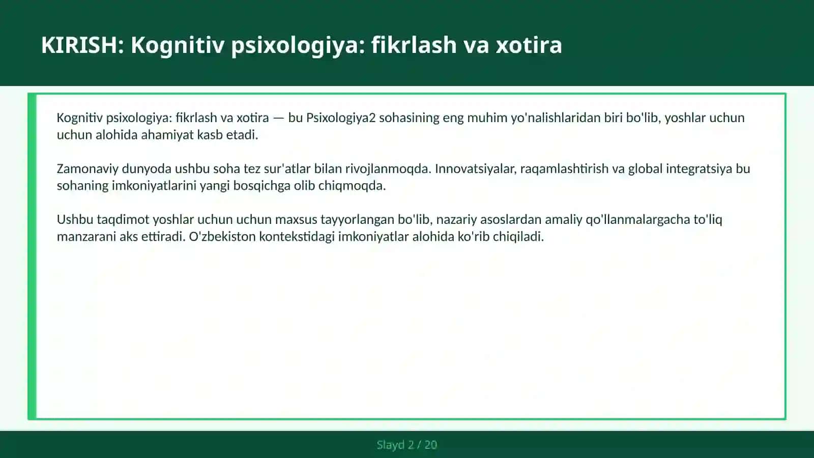 KOGNITIV PSIXOLOGIYA: FIKRLASH VA XOTIRA 2
