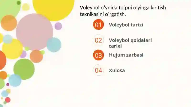 Voleybol oʻynida toʻpni oʻyinga kiritish texnikasini oʻrgatish. 2