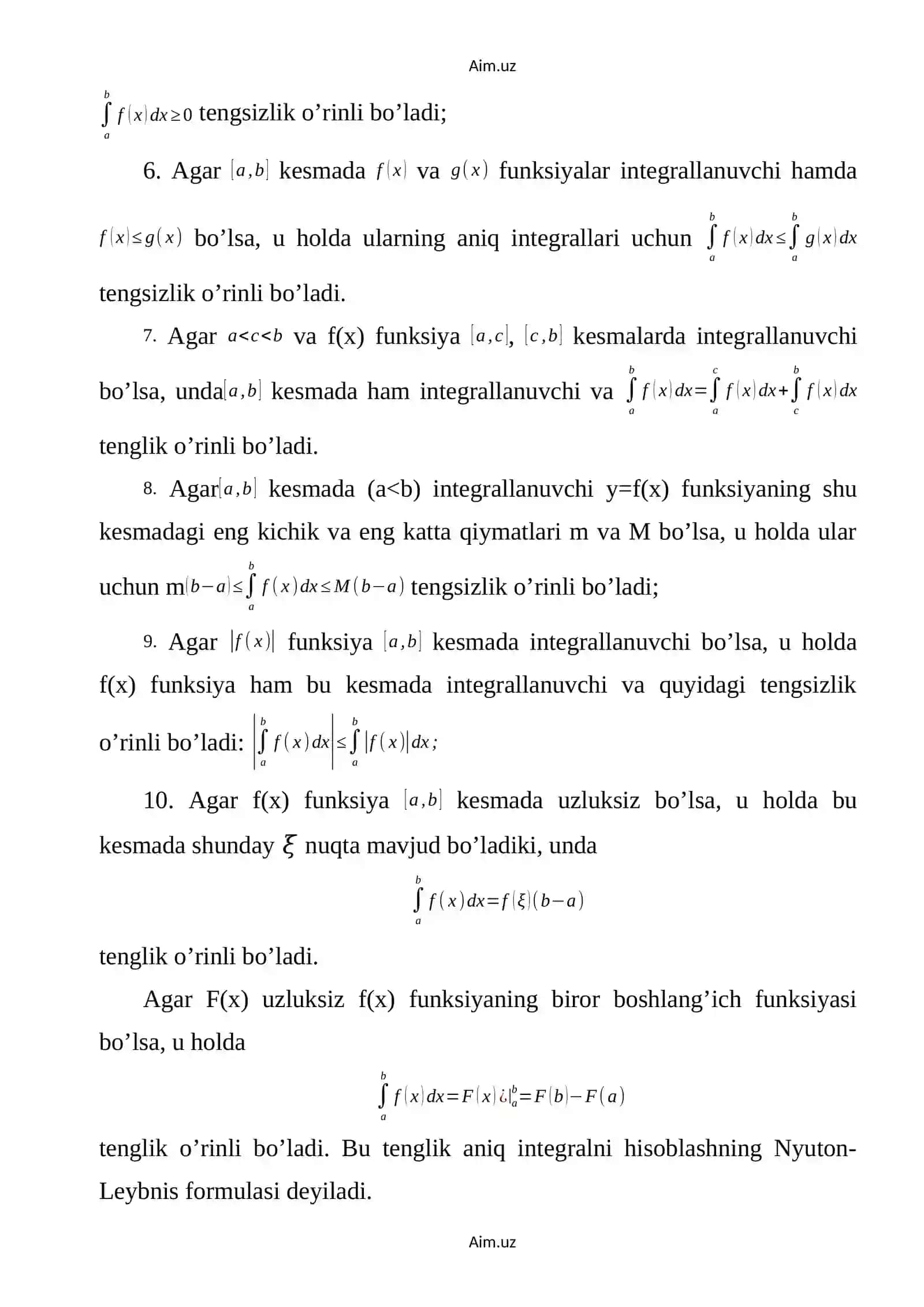 ANIQ INTEGRAL TUSHUNCHASI ANIQ INTEGRALNING ASOSIY XOSSALARI 2
