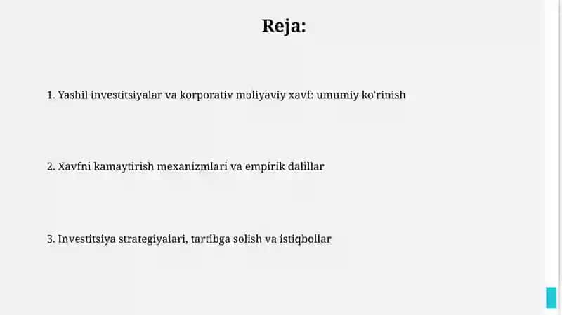 Yashil investitsiyalar va korporativ moliyaviy xavfni kamaytirish 2