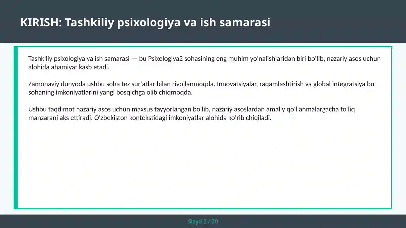 TASHKILIY PSIXOLOGIYA VA ISH SAMARASI 2