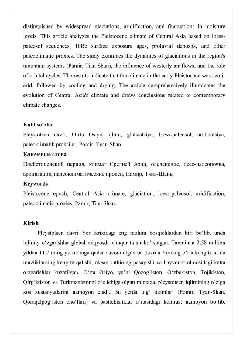 O‘rta Osiyoning pleystotsen davri iqlimi maqola. 2