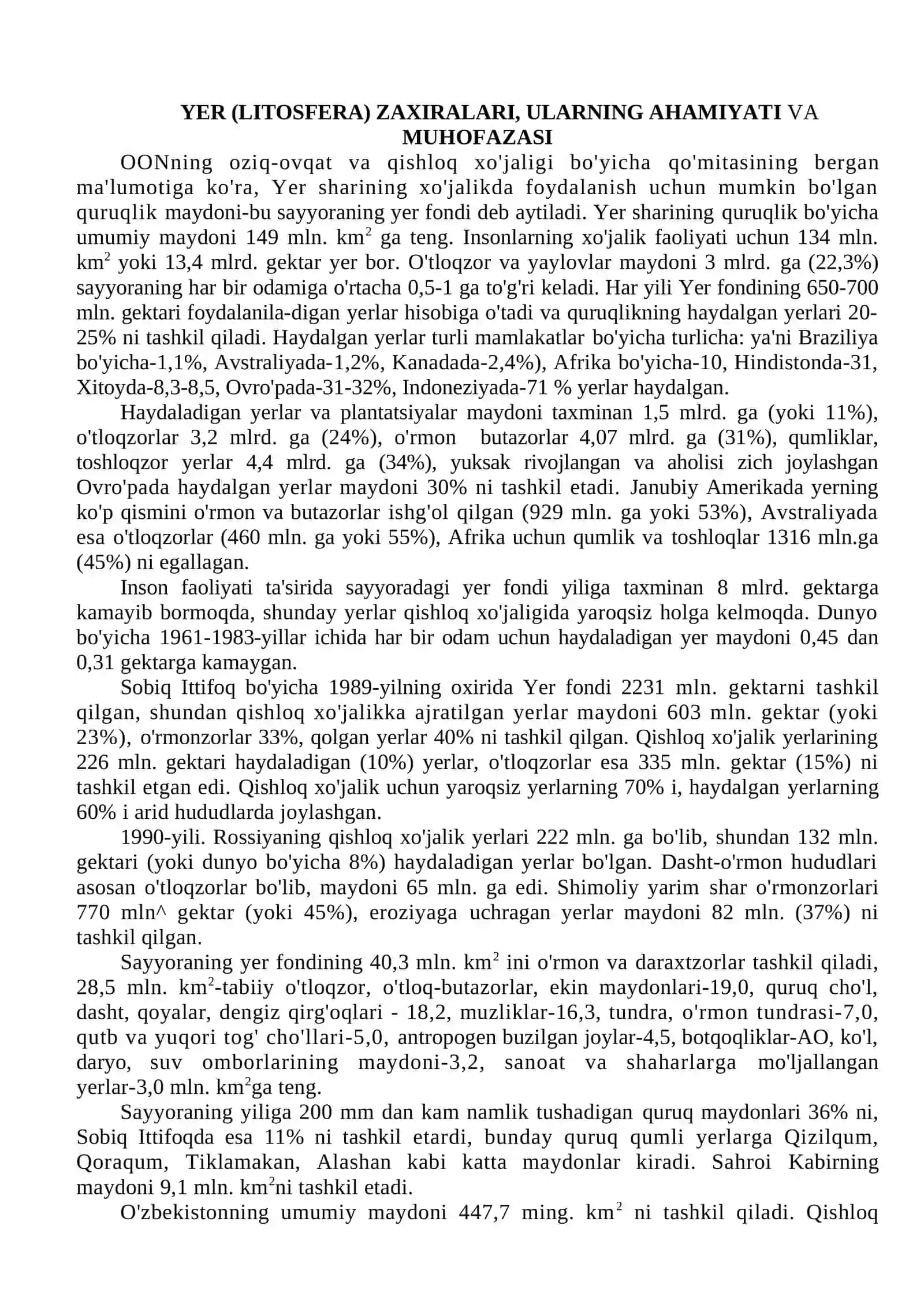 YER (LITOSFERA) ZAXIRALARI, ULARNING AHAMIYATI VA MUHOFAZASI 2