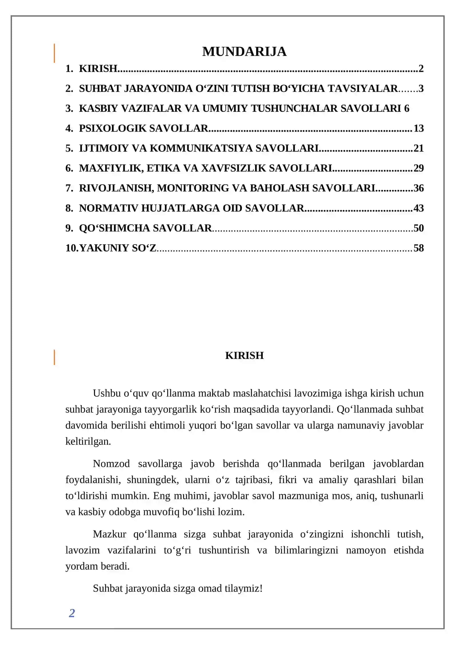 Maktab maslaxatchisi suhbat savollari va javoblari 2
