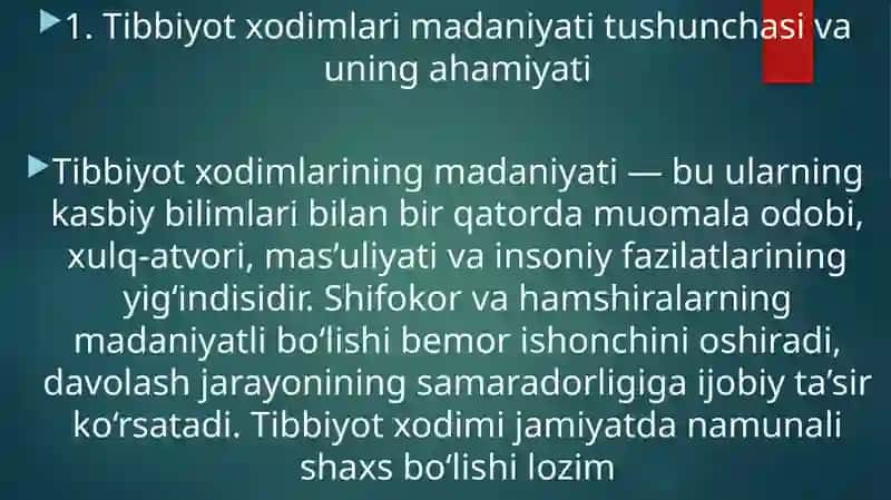 Tibbiyot xodimlarining madaniyati.Kasbiy etika va deontologiya 2