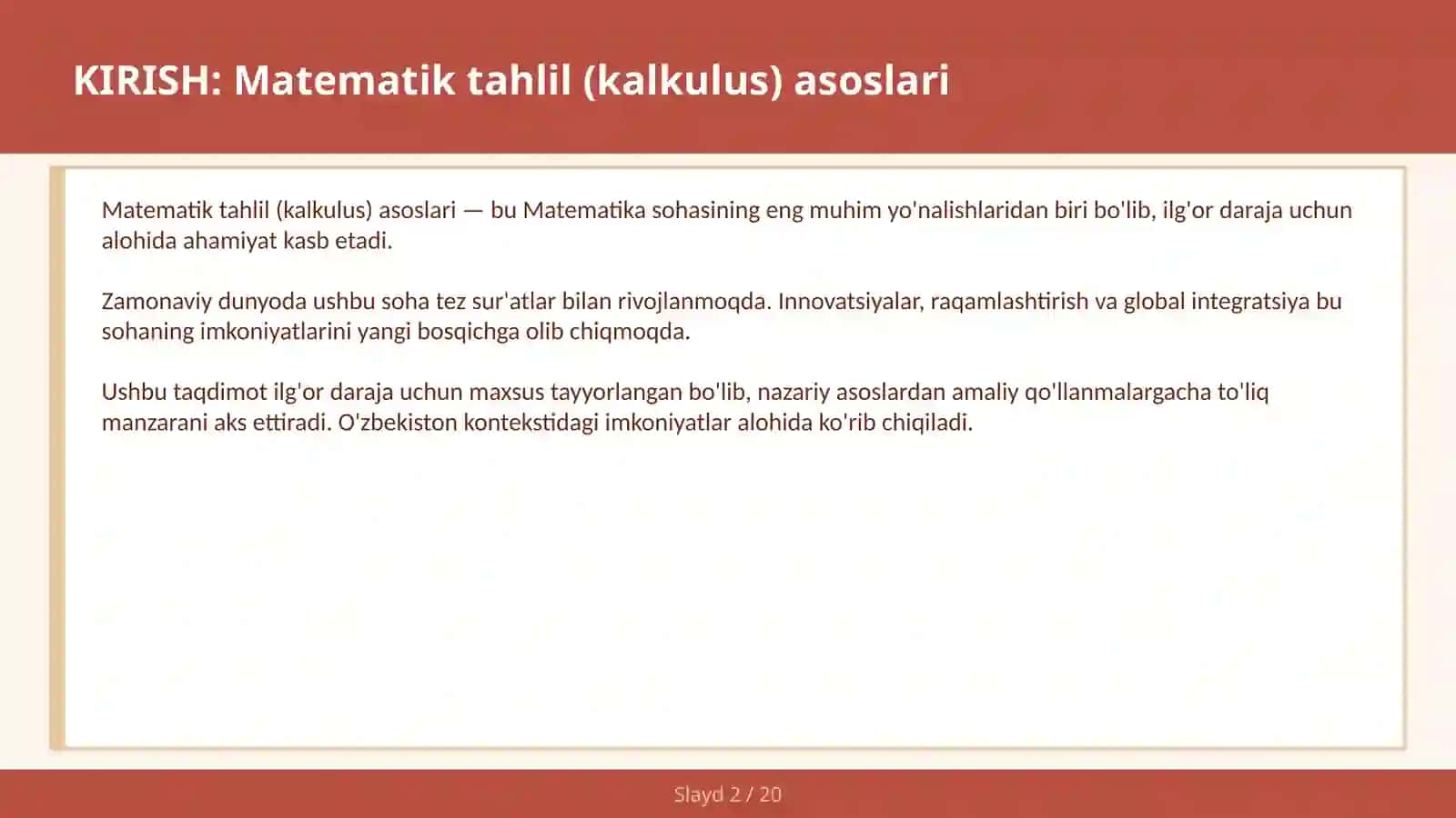 MATEMATIK TAHLIL (KALKULUS) ASOSLARI 2