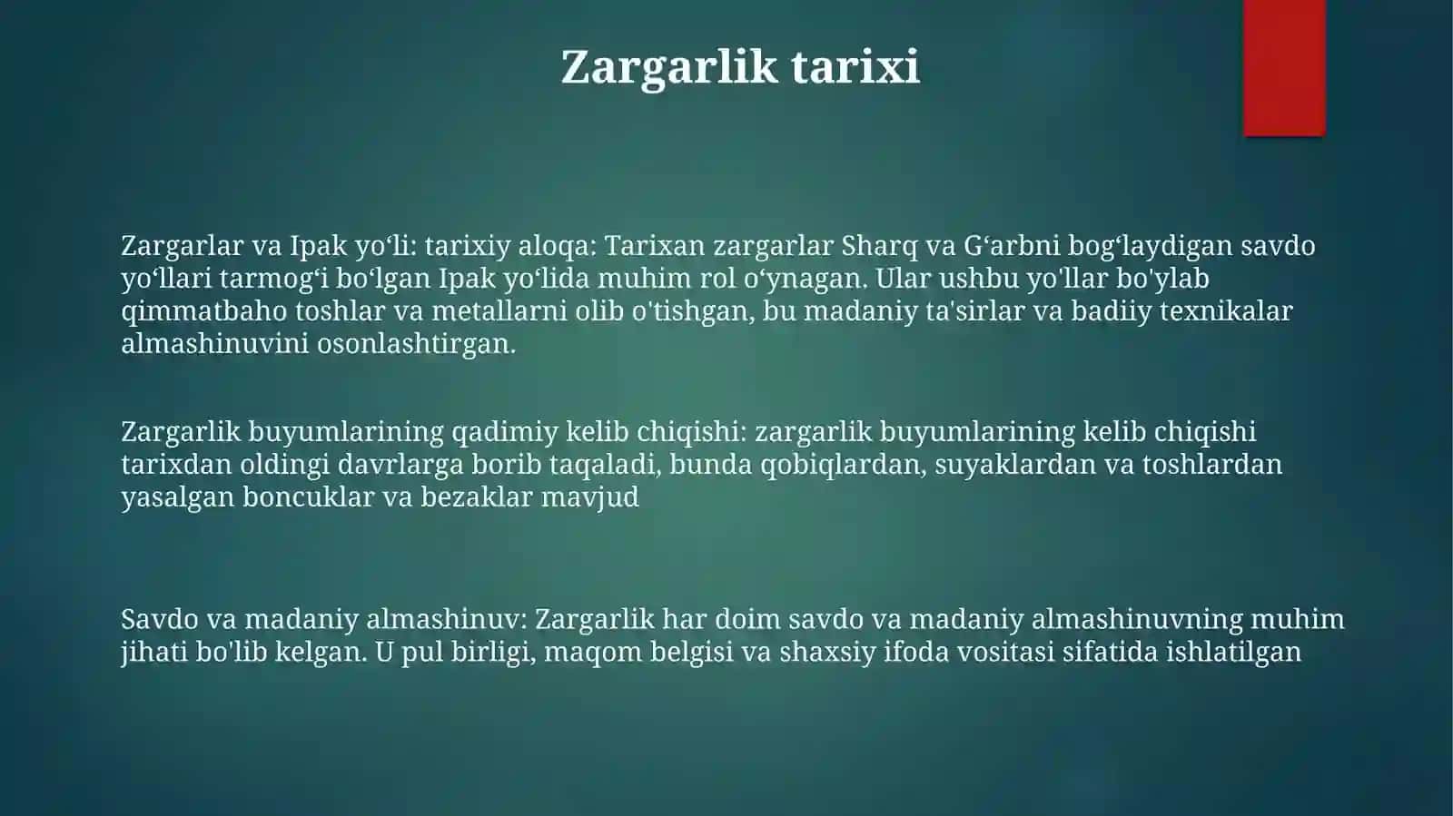 Zargarlik Buyumlari VaUlarningSavdosi 2