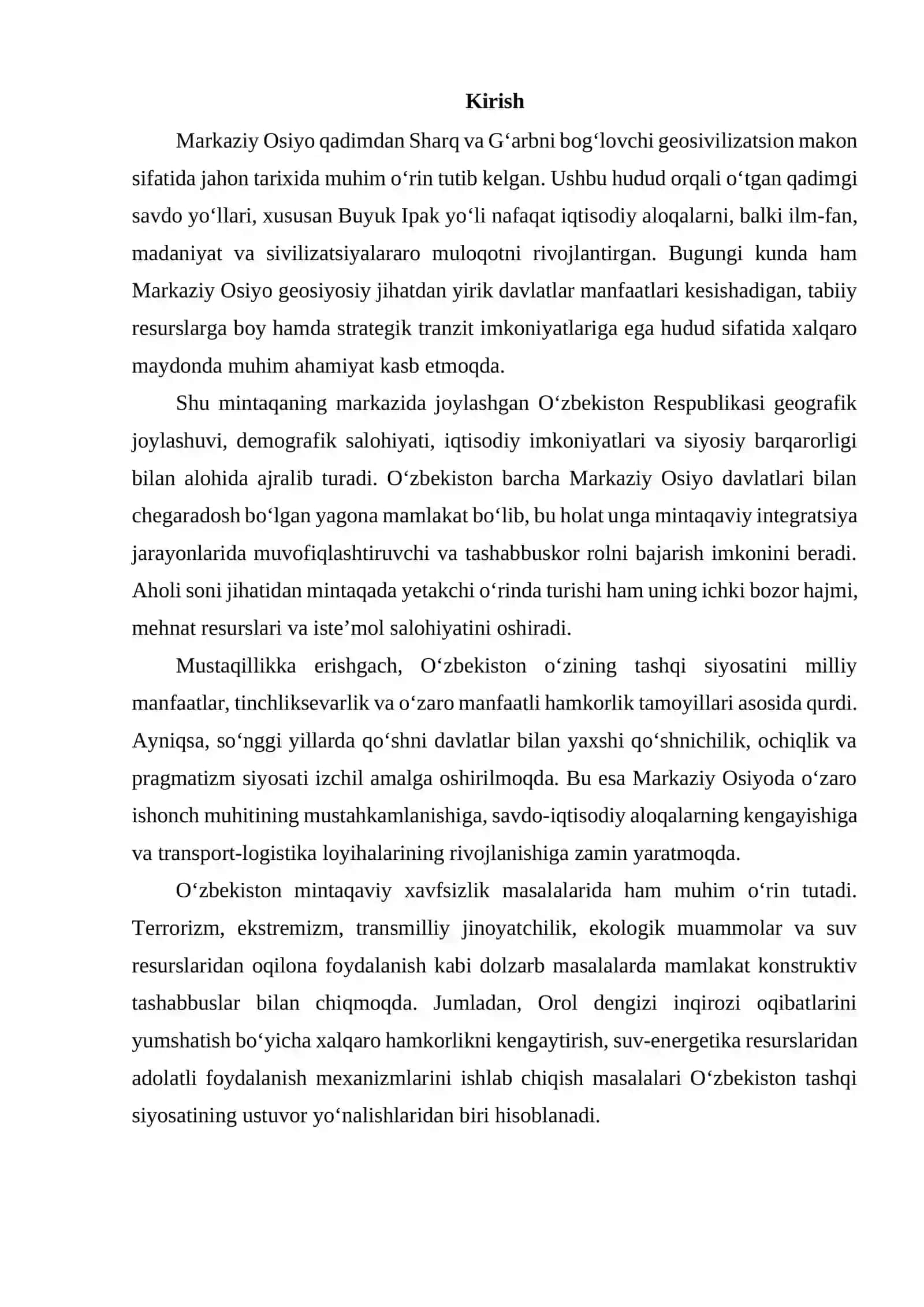O‘ZBEKISTONNING MARKAZIY OSIYO MINTAQASIDAGI O’RNI VA AHAMIYATI 2