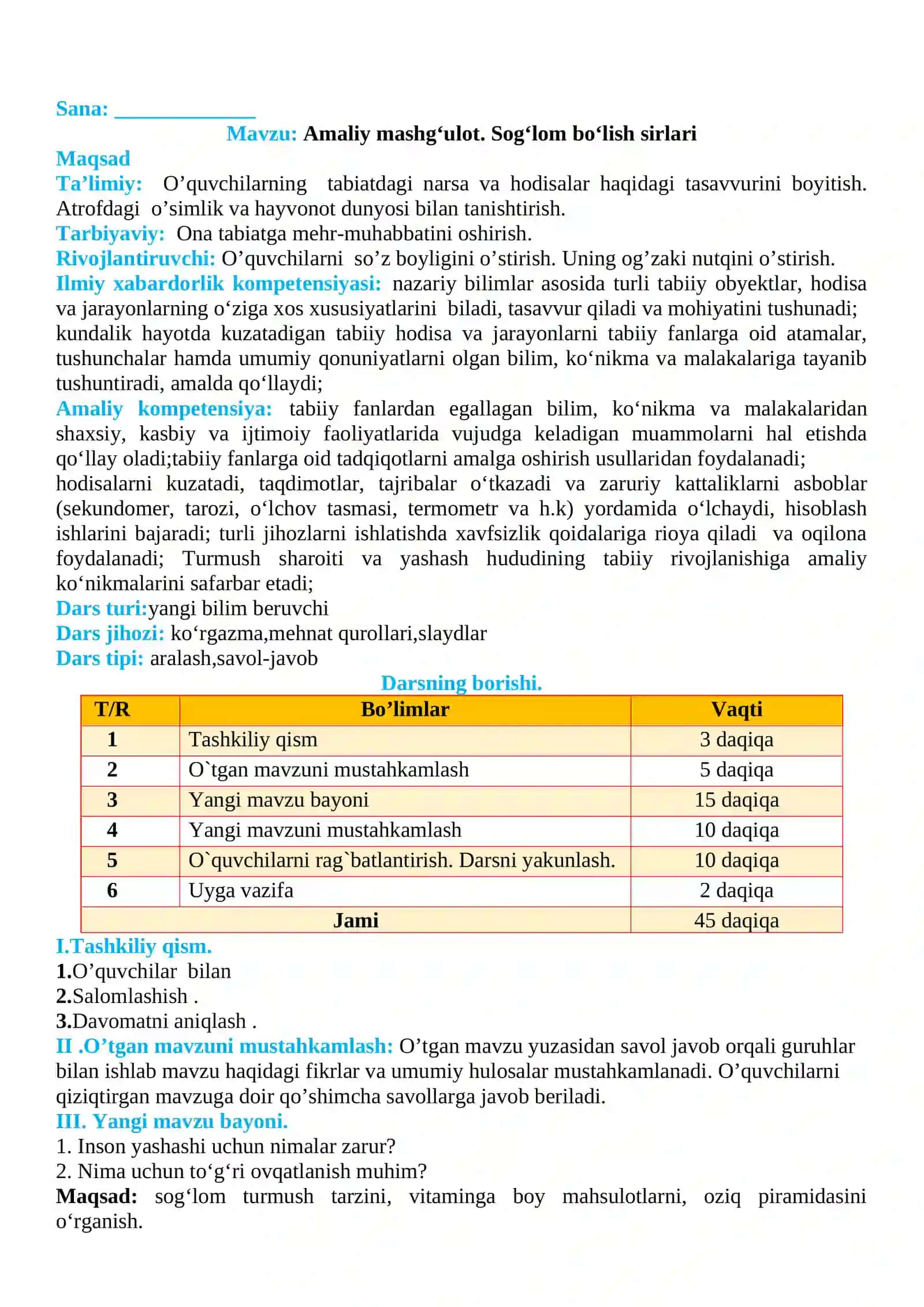 3-sinf Tabiiy fan (Science) Sog'lom bo'lish sirlari dars ishlanma 2