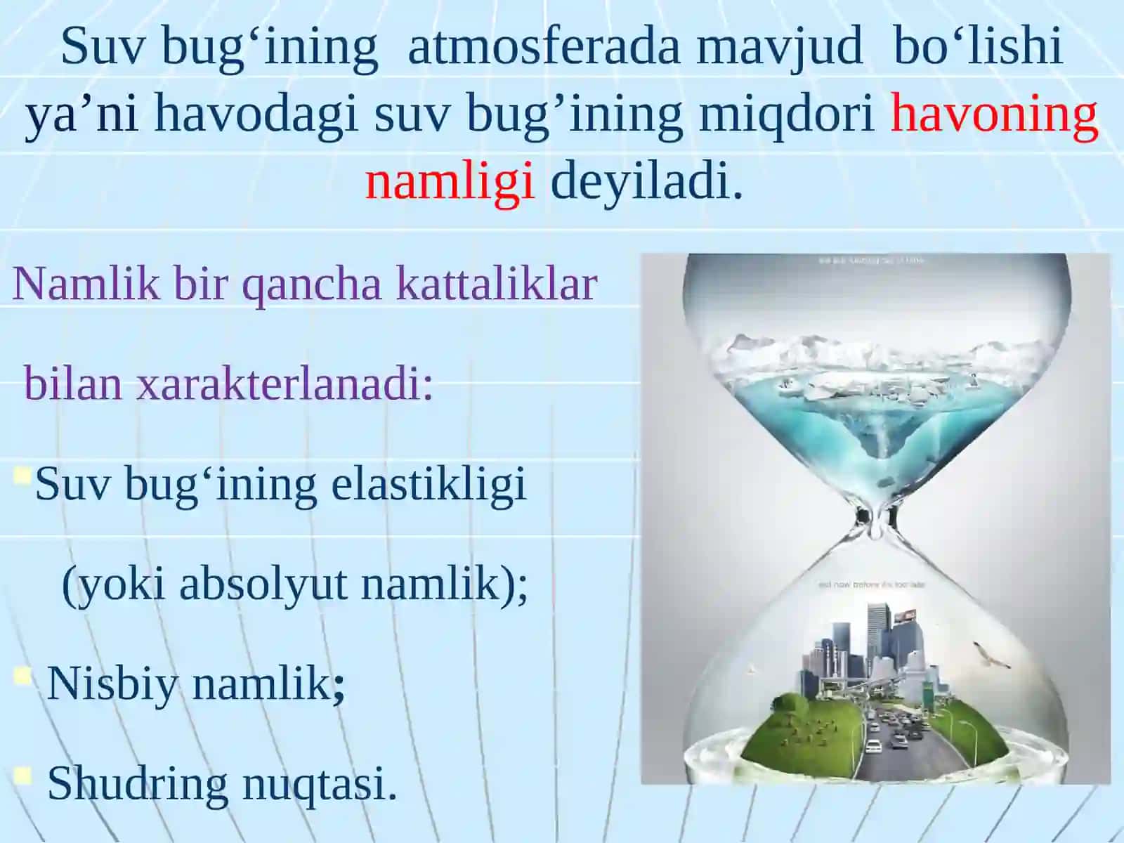 Havoning namligi. Havo namligi ko’rsatkichlarining organizmga ta’siri. Assman psixrometri yordamida havoning namligini aniqlashni o’rganish 2