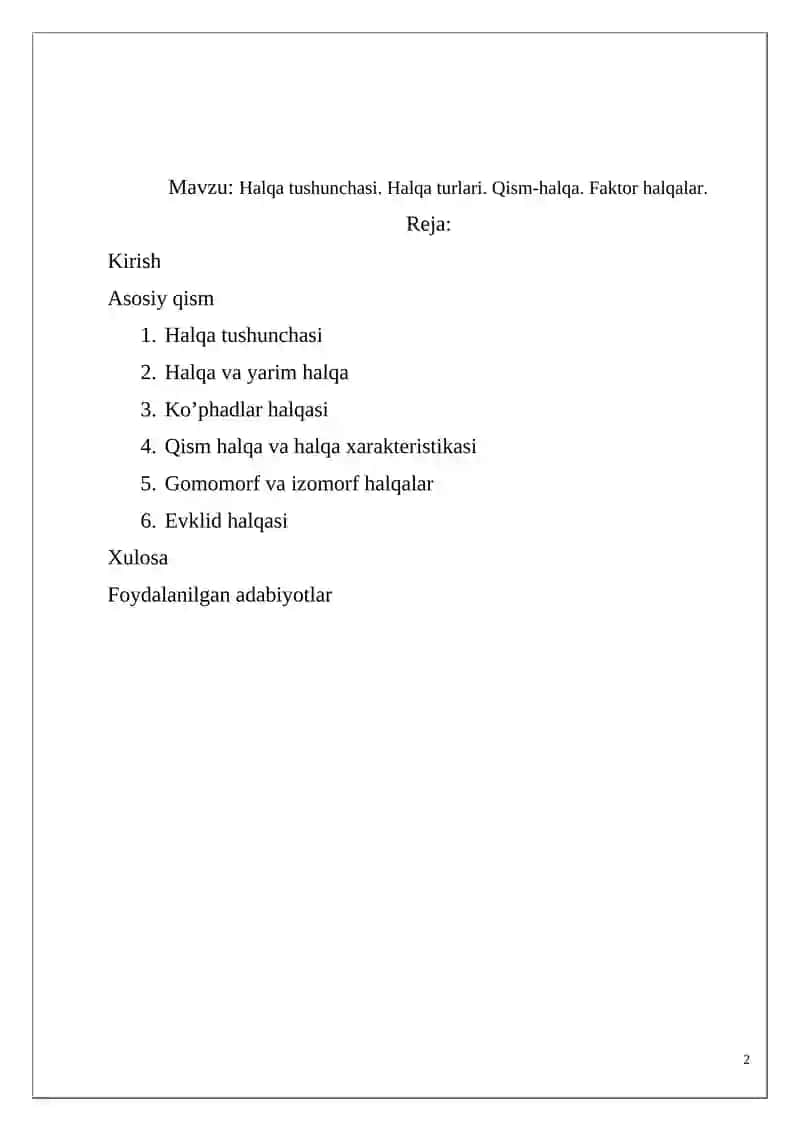 Halqa tushunchasi. Halqa turlari. Qism-halqa. Faktor halqalar 2