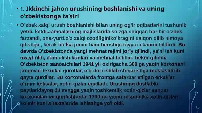 Ikkinchi jahon urushi yillarida O'zbeklarning ko'rsatgan jasoratlari 2
