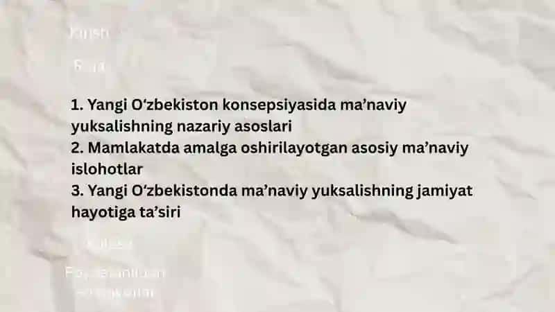 YANGI O'ZBEKISTONDA AMALGA OSHIRILAYOTGAN MA'NAVIY O'ZGARISHLAR 2